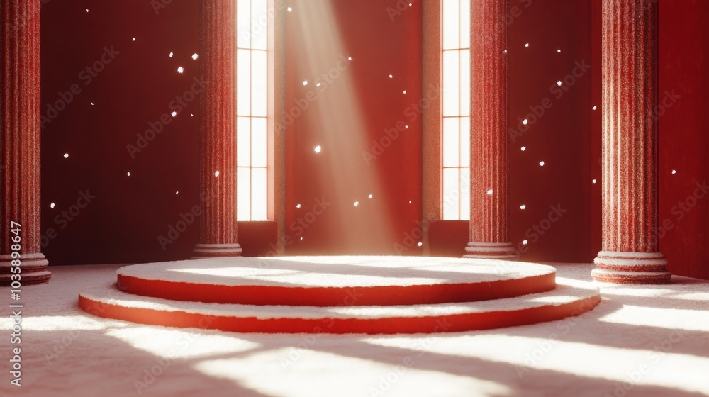 Aufkleber a red room with white snow covering the floor. four columns stand around a snow-covered stage in the
