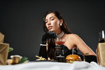 A stunning woman dressed elegantly savors gourmet food while sipping a stylish drink.