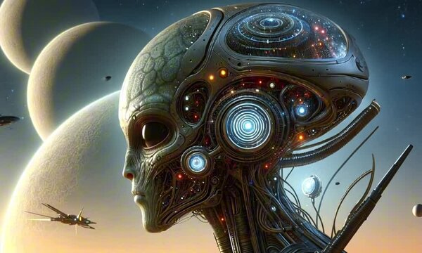 Futuristic alien head with mechanical features in an outer space setting