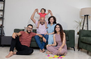 Happy Multigenerational Indian Family at Home Relaxing Together, portrait of Indian Multigenerational Family