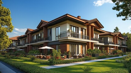 Stylish apartments in a picturesque setting, featuring manicured gardens and cozy outdoor spaces under clear skies