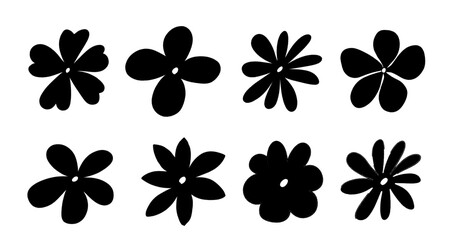 Black silhouettes of various flower designs with different petal shapes and arrangements. Perfect for artistic, botanical, and design projects.