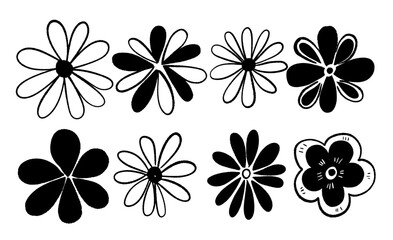 Black and white hand drawn flower illustrations in various styles, featuring different petal designs and shading techniques. Perfect for artistic, botanical, and design projects.