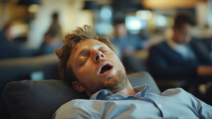 man is tired and sleeping on office couch, appearing relaxed amidst busy environment. His open mouth suggests deep sleep, while others work in background