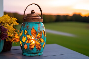 A weathered lantern with rust stains, glowing softly on a porch at dusk