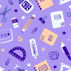 Cute school things, stationery seamless pattern. Office, school supplies repeat background. Notebook, pen, pencil, ruler, paper clip, glue, eraser, scissors, paper.