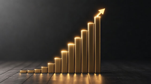 Growing gold graph with glowing progress line symbolizes success and achievement