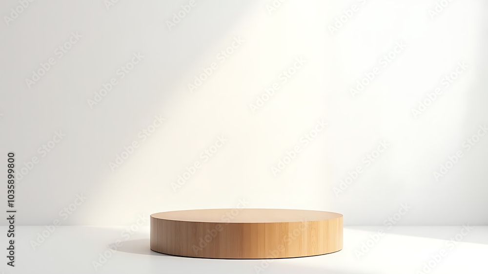 Poster Modern display area features a wooden podium on a smooth white background with minimal decor and subtle shadows.