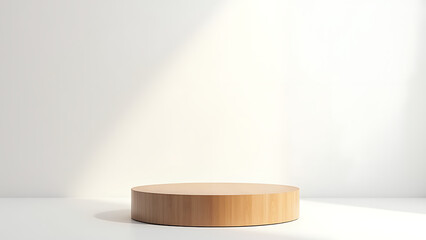 Modern display area features a wooden podium on a smooth white background with minimal decor and subtle shadows.