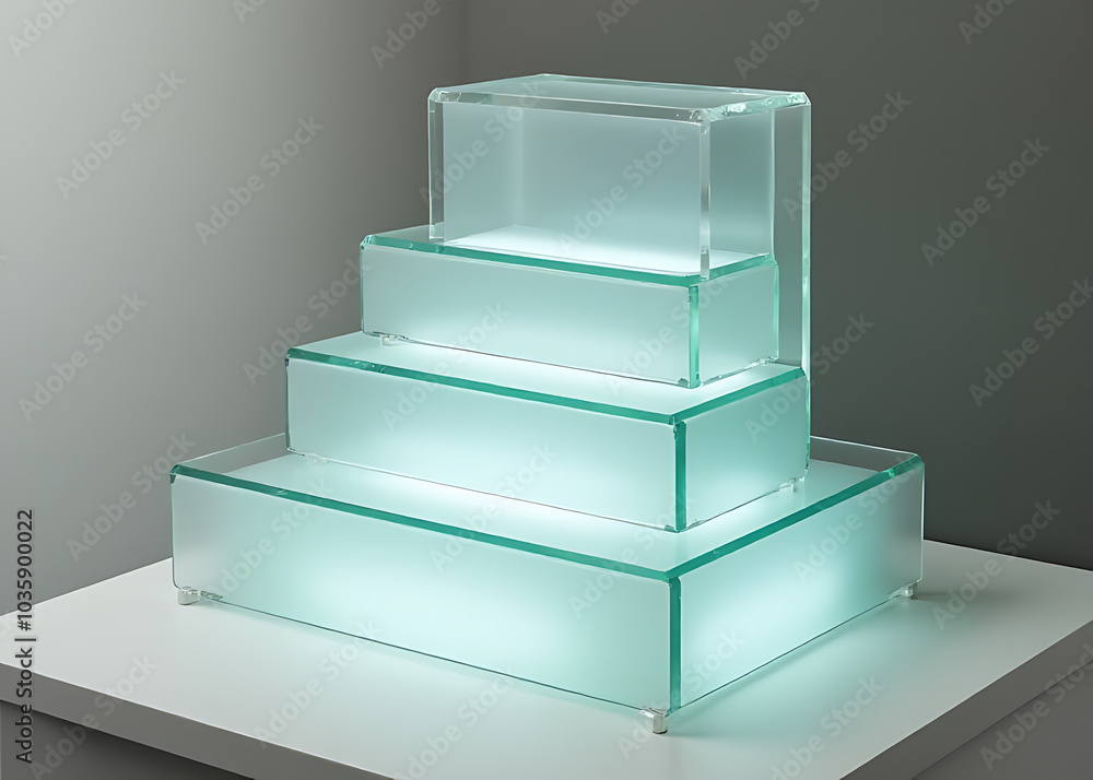 Poster modern glass display stand with tiered levels made of clear and frosted glass for product showcase p