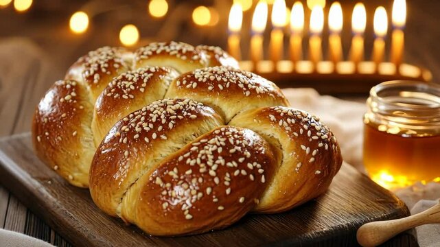 Freshly baked challah bread with honey and a lit menorah in the background during hanukkah jewish holiday