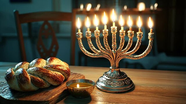 Glowing menorah with lit candles and freshly baked challah bread on wooden table, celebrating hanukkah jewish holiday.