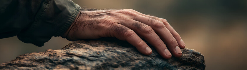 Fototapeta premium Close Up of a Hand Resting on a Rock Nature Wilderness Texture Rugged Exploration