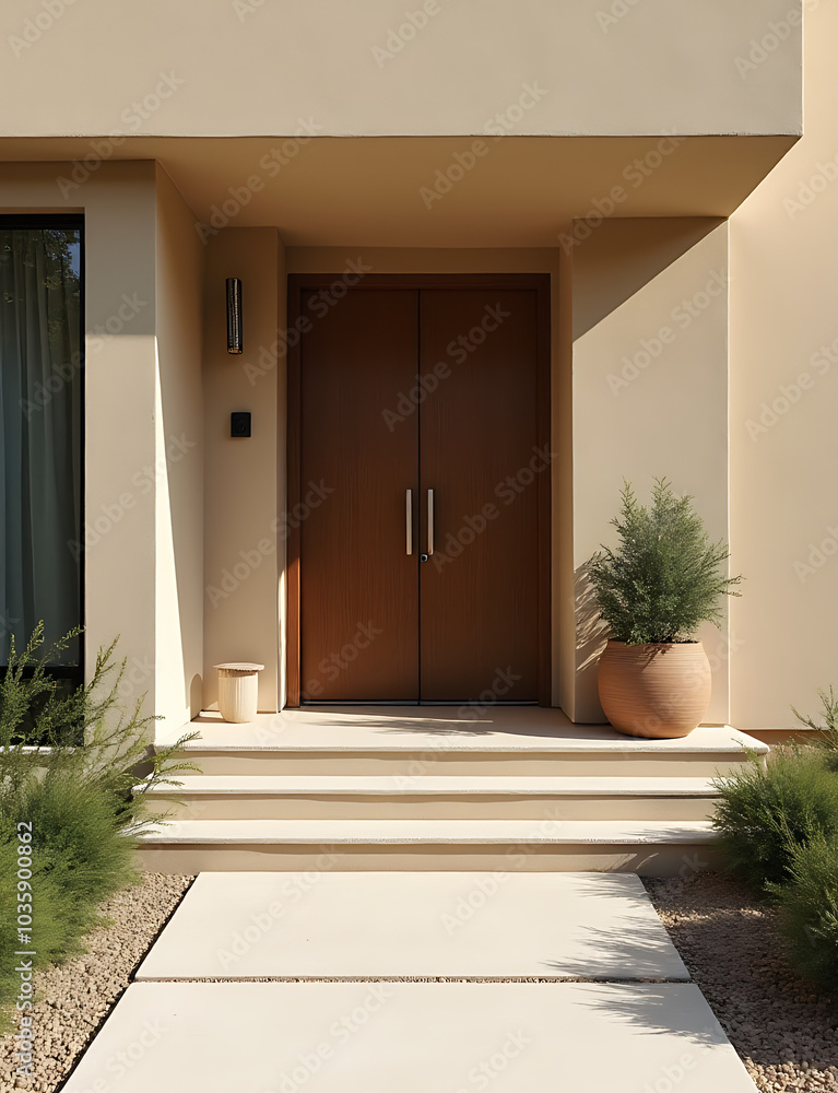 Poster natural sand and ceramic create a clean and minimalist front porch design with a central focus point
