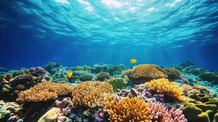 Obraz premium A vibrant underwater scene with a coral reef teeming with life. Sunbeams pierce the crystal clear water, illuminating colorful coral formations and yellow fish swimming in the shallows.