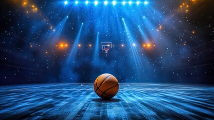 A basketball sits alone on a hardwood court in a darkened arena, illuminated by spotlights.