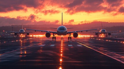 Airplane Runway Sunset Commercial Jet Taking Off at Twilight