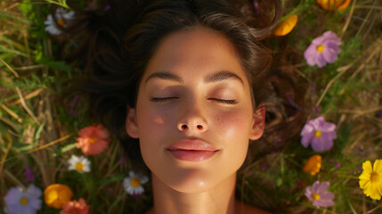 Naklejka premium Peaceful woman with closed eyes lying in a meadow of wildflowers