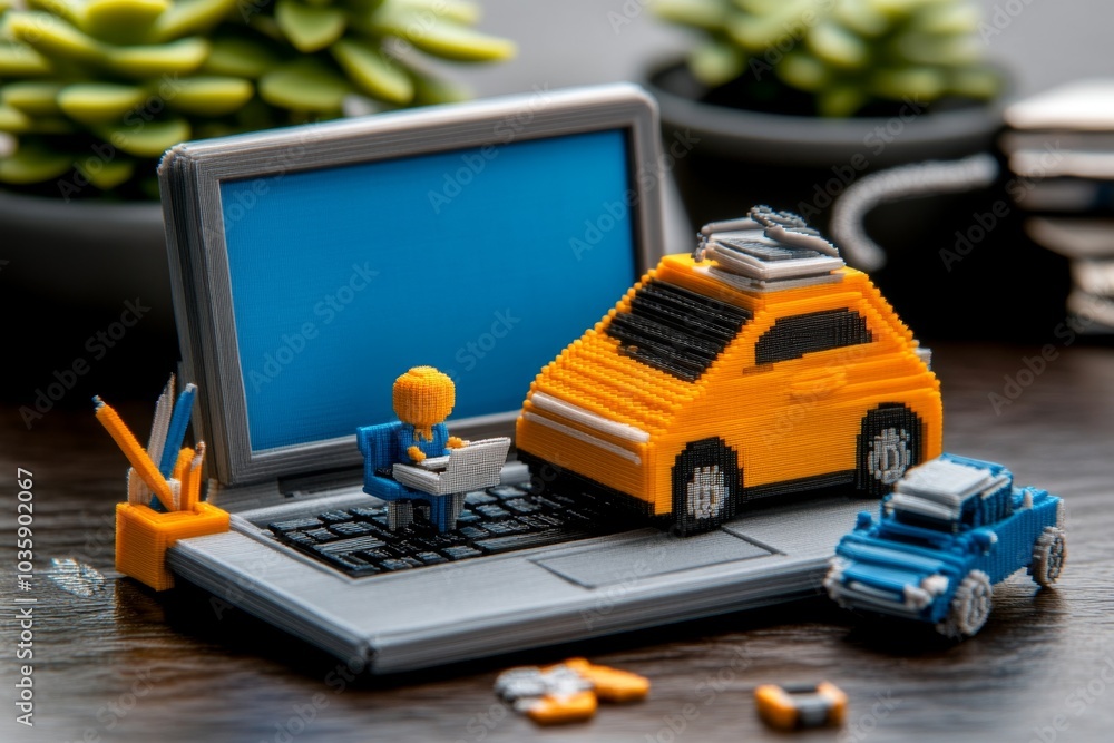 Poster pixel art version of a home office, with a tiny character typing on a pixelated laptop