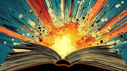 A book with an open cover explodes with a burst of color and light.