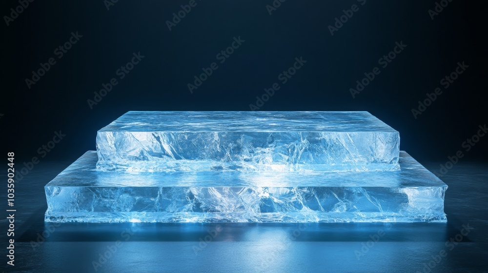 Poster A two-tiered platform of ice sits on a dark surface. The platform is made of thick blocks of ice with a textured, frosted surface. Light shines through the ice, creating a bluish glow.