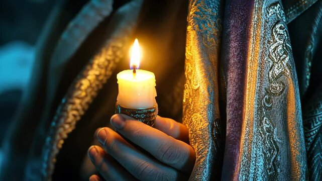 Illuminated candle in hand with traditional textiles to celebrate the hanukkah jewish holiday.