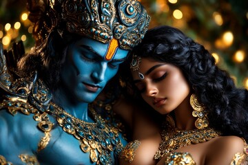 Rama, with his bow drawn, protecting Sita in the forest, as they journey during their exile