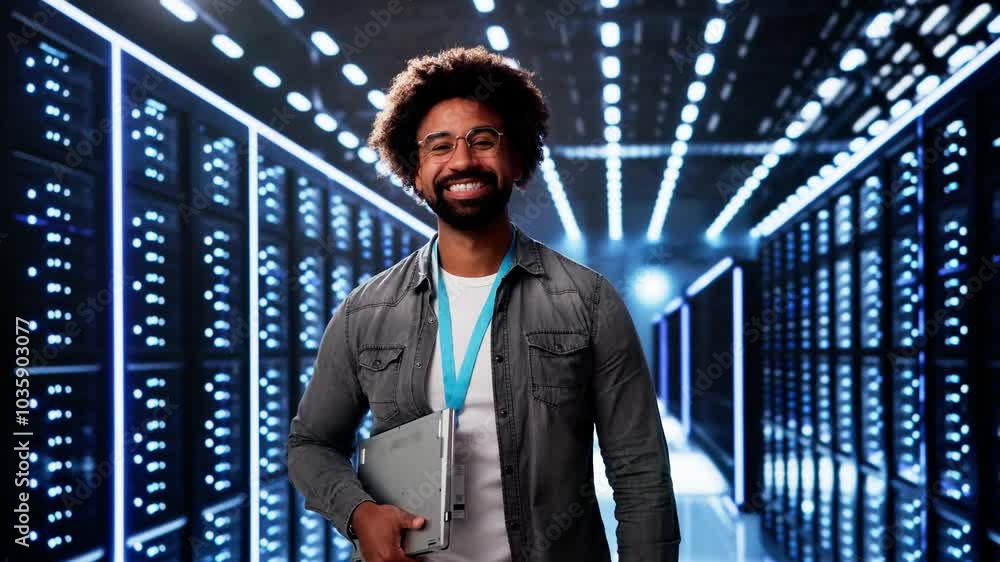 Poster happy engineer in data center server room configuring ai