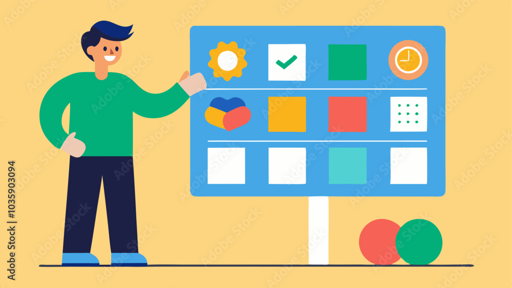 Poster visual schedule board a teacher demonstrating a colorful visual schedule on a board showing icons re
