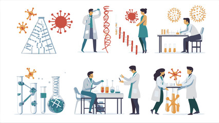 Scientists characters. Researchers people work in lab. Isolated doctors exploring virus and DNA. Chemists experimenting with test tubes in laboratory. Vector
