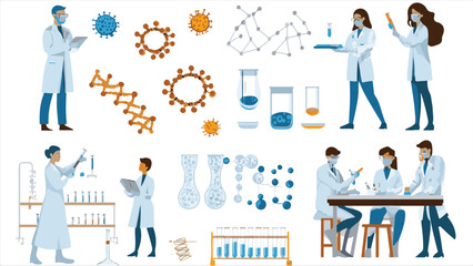 Scientists characters. Researchers people work in lab. Isolated doctors exploring virus and DNA. Chemists experimenting with test tubes in laboratory. Vector
