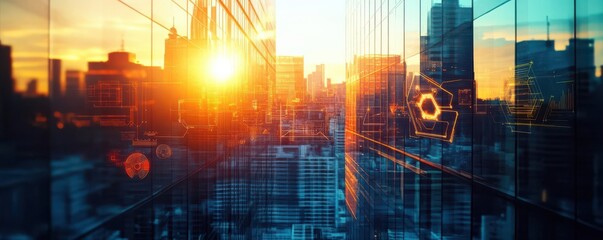 Fototapeta premium Sunset reflecting off sleek city towers