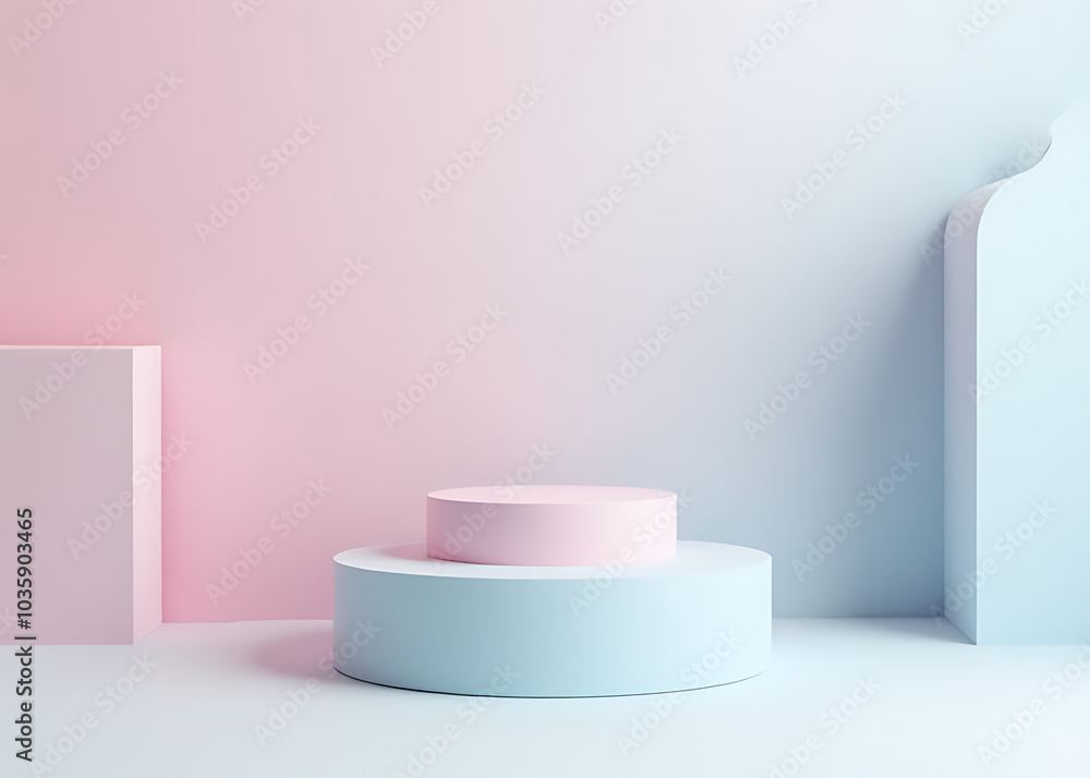 Poster pastel pink and blue podium on a minimalist background with geometric shapes and modern design for p