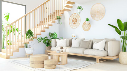 Living room with modern interior design featuring cozy sofa and stylish decor elements