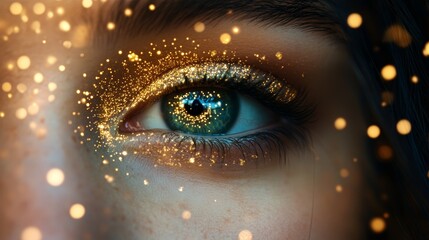 Closeup of Woman s Eye with Gold Glitter and Bokeh Lights
