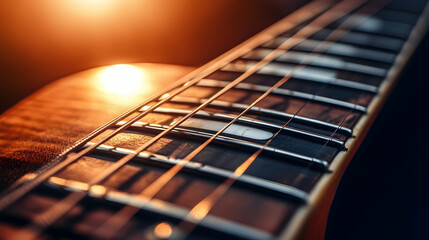 Fototapeta premium High-resolution close-up of a guitar fretboard with metallic strings, highlighted by warm lighting -