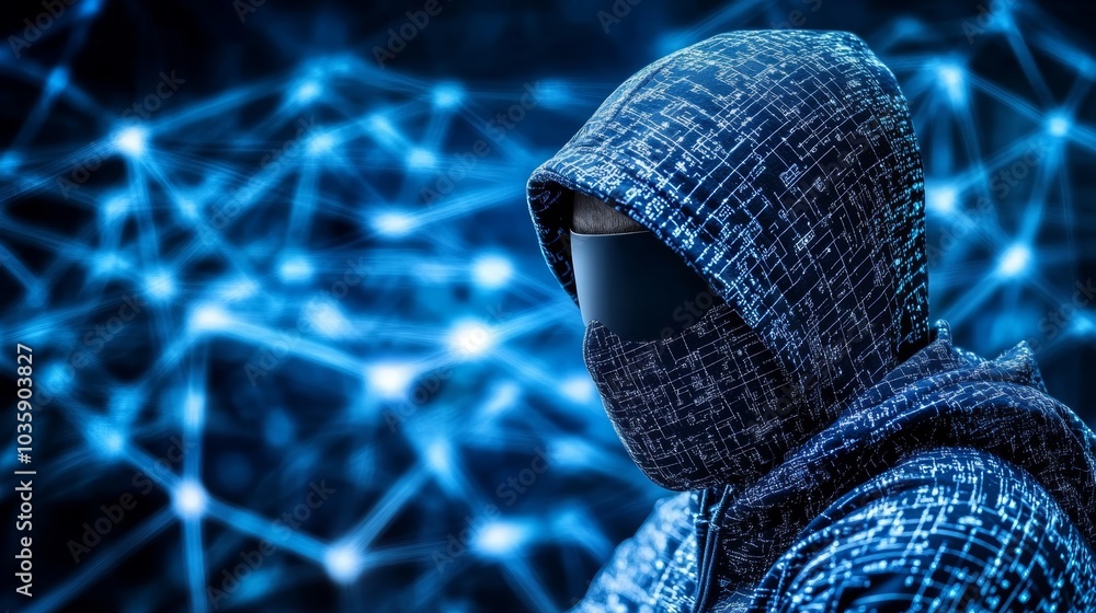 Poster anonymous hacker in hoodie with digital network background