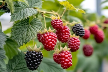 Wineberry and Dewberry vines growing together, forming a thick, wild bramble