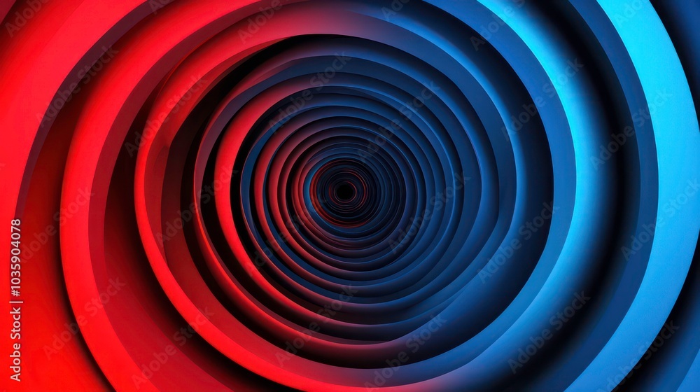Poster abstract red and blue swirling circles creating a hypnotic tunnel effect.