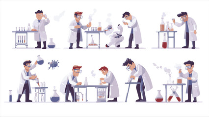 Scientists characters. Researchers people work in lab. Isolated doctors exploring virus and DNA. Chemists experimenting with test tubes in laboratory. Vector
