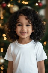 A young girl with curly hair is smiling at the camera. She is wearing a white shirt and is standing in front of a Christmas tree
