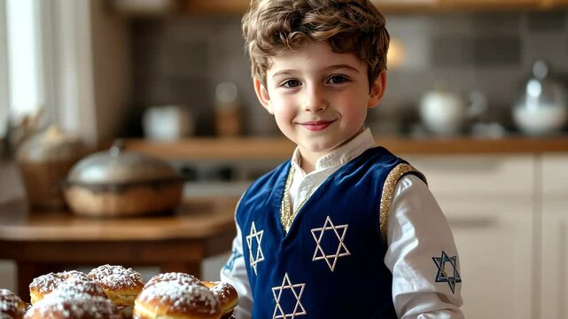 Young boy holding a plate of sufganiyot in festive attire in a warm kitchen setting for hanukkah jewish holiday.