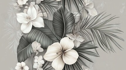 A vintage floral design with tropical palm leaves and delicate flowers, set against a muted grey background, arranged for seamless tiling