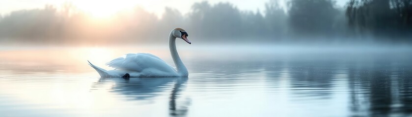 Fototapeta premium Beautiful swan on a lake, nature element, realistic drawing, serene colors, isolated on white background