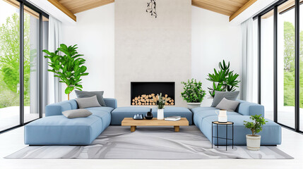 Living room furniture in a modern comfortable design with green plants and a cozy atmosphere