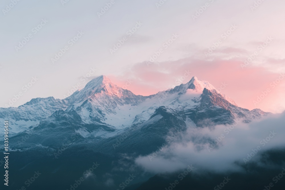 Poster mountains with snow on top, taken from afar at dawn there are some fog or clouds floating above the 