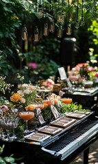 Fototapeta premium A piano with flowers and drinks in front.