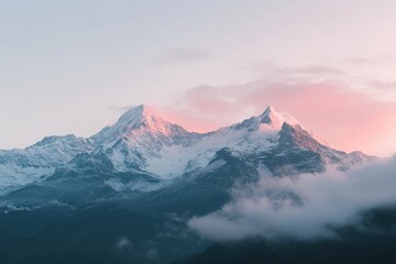 mountains with snow on top, taken from afar at dawn There are some fog or clouds floating above the mountain range Generative AI