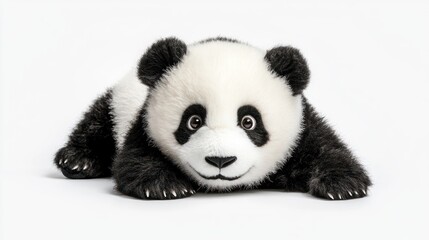 Obraz premium A cuddly panda bear plush toy lying on its belly with a happy expression on its face, isolated against a white background.