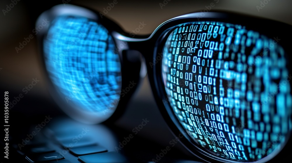 Poster digital code reflection in glasses on laptop keyboard